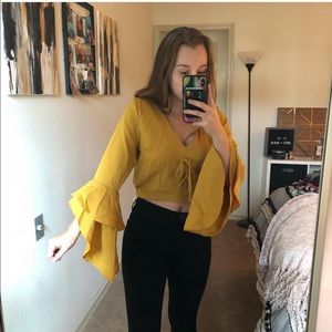 Yellow Bell Sleeved Crop Top. Size Small